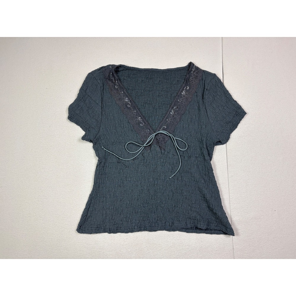 SHEIN Curve Womens 0XL Dark Grey Crinkle Lace Trim V-Neck Tie Front Top Boho